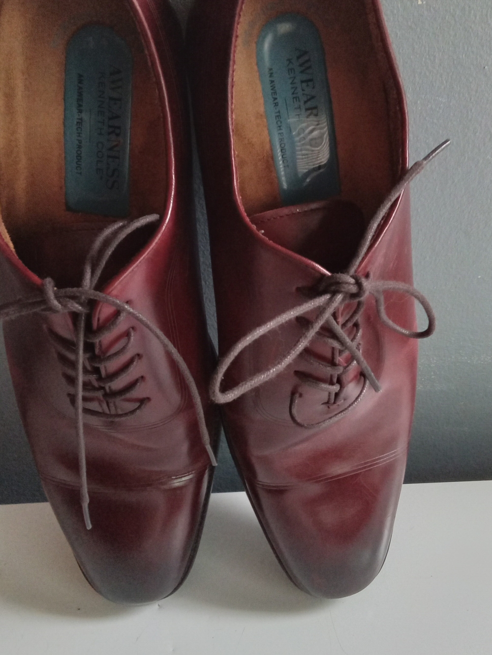 Awearness Kenneth Cole Mens Burgundy‎ Leather Cap Toe Oxford Dress Shoes